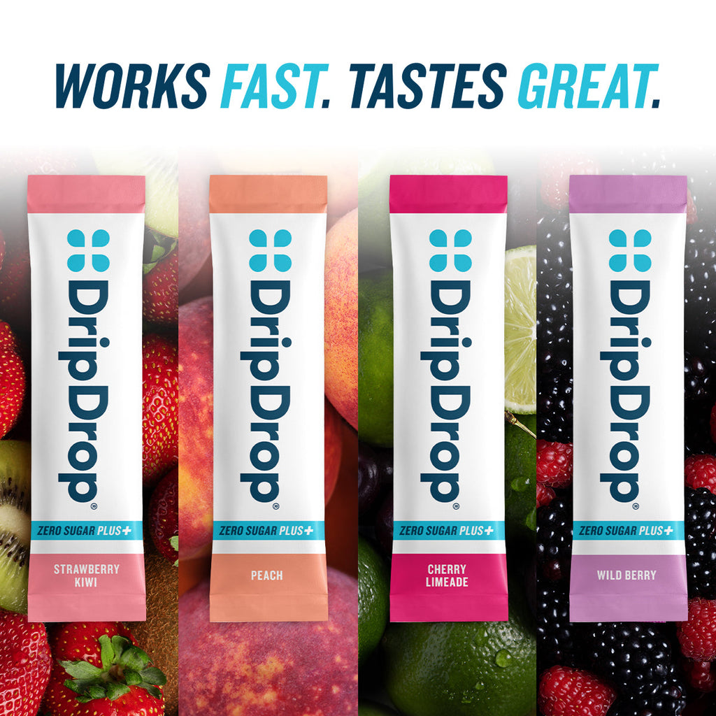 DripDrop Zero Sugar Plus, Strawberry Kiwi, Peach, Cherry Limeade, Wild Berry, 16 oz sticks, 16 count B4