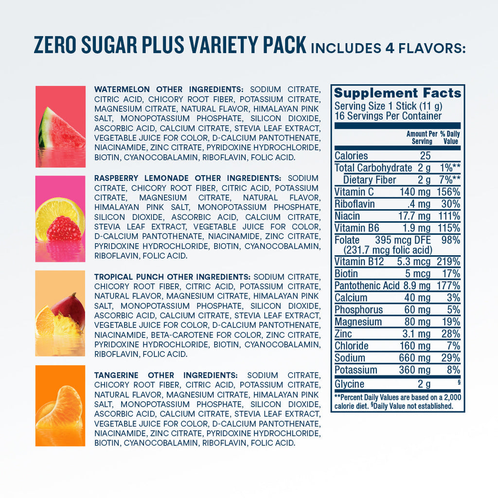 DripDrop Zero Sugar Plus, Watermelon, Tangerine, Tropical Punch, Raspberry Lemonade, 16 oz sticks, 16 count D4