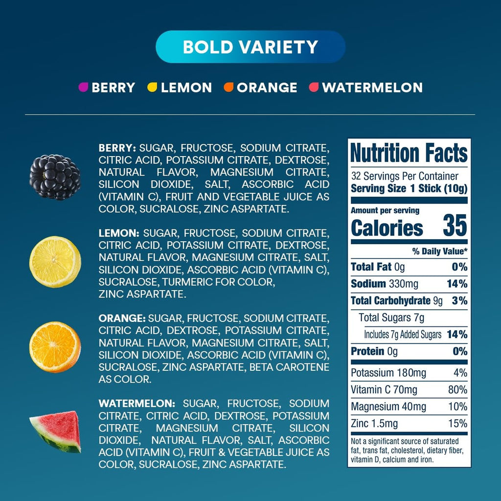 DripDrop Bold Variety Pack Electrolyte Powder, 8 oz sticks, 32 count O6