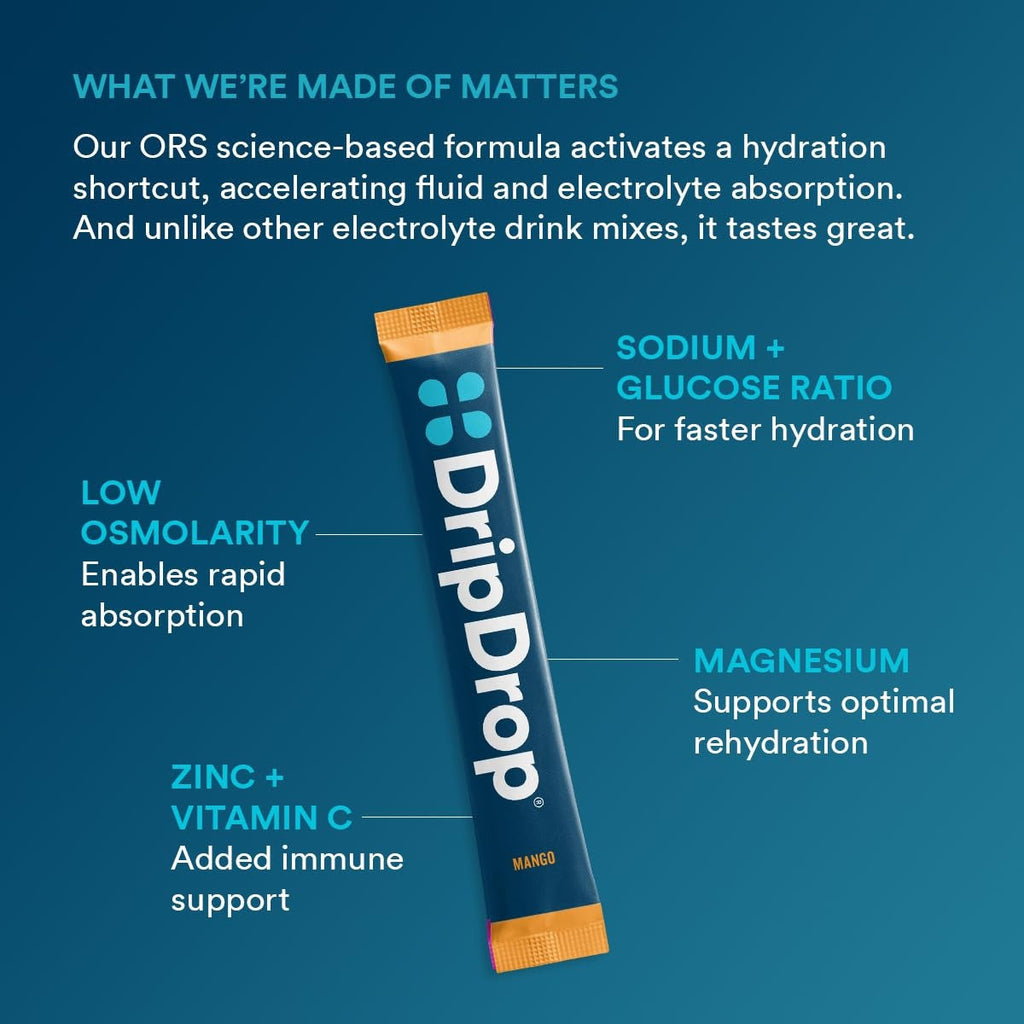 DripDrop Tropical Variety Pack Electrolyte Powder, 8 oz sticks, 16 count N6